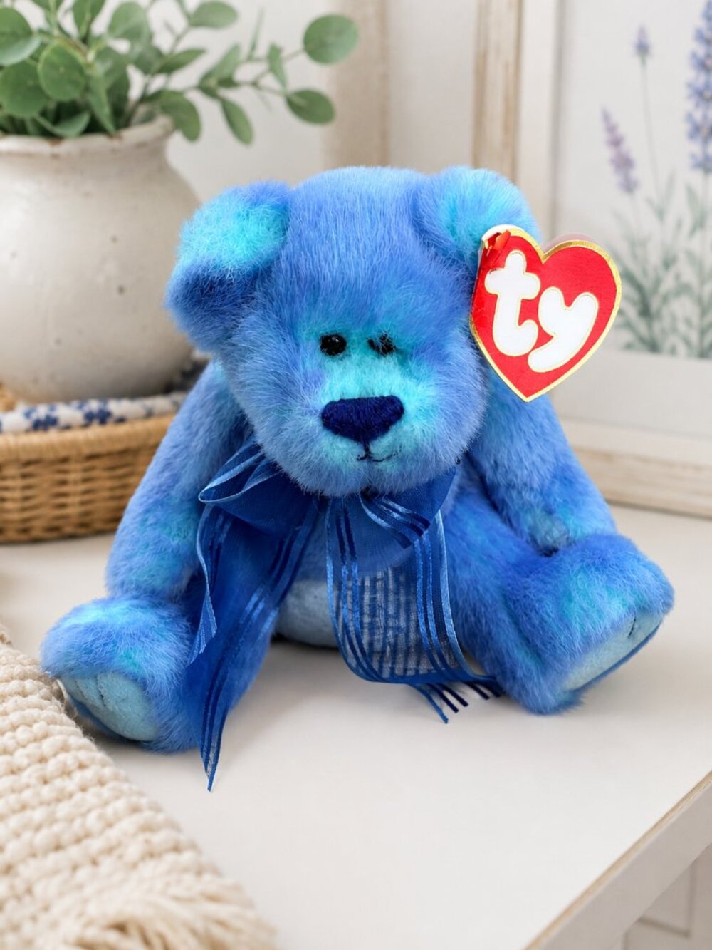 TY Attic Treasures Azure Blue Bear Plush 1999 Teddy w/ Hang Tag & Ribbon Retired